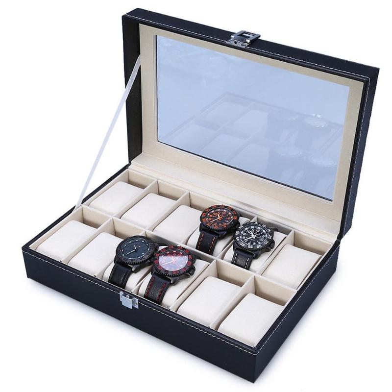 Fashion 12 Grids PU Leather Watch Boxes Storage Organizer Box Luxury Jewelry Ring Display Watch Case Black Display Case Box